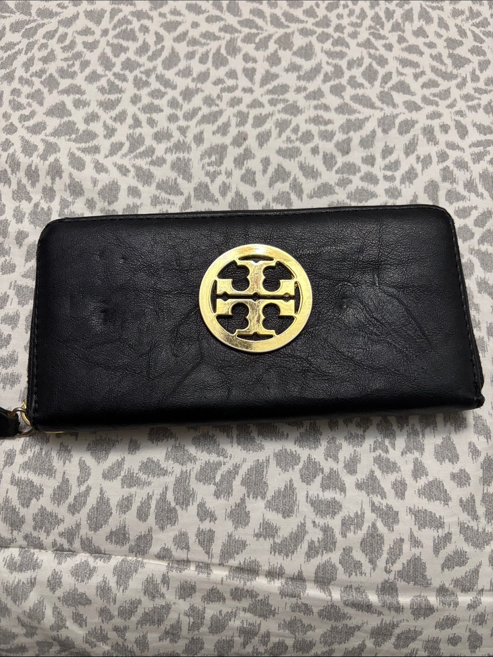 Tory Burch Black Leather Zip Wallet with Gold Logo Medallion